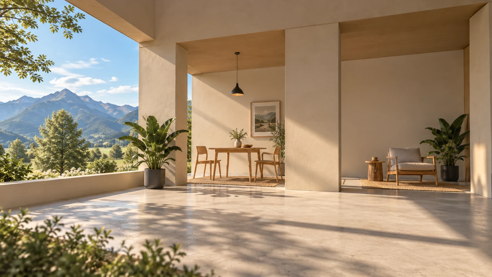 Concept artwork: a calm mountain apartment with textured mineral walls, warm wooden furniture and long afternoon shadows.