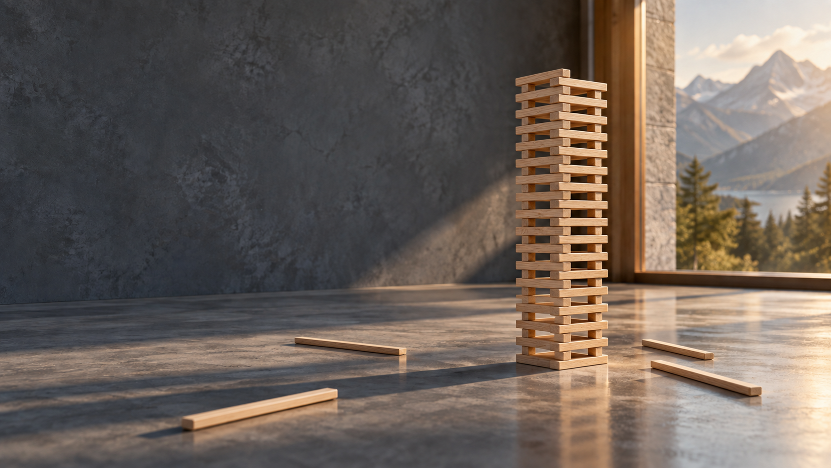 Concept artwork: a wooden tower in a sunlit room overlooking the mountains.