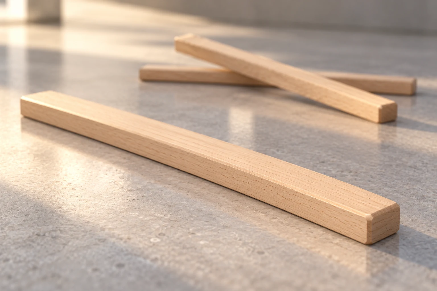 Concept artwork: fine wooden grain and tiny chamfered edges lit by the afternoon sun.