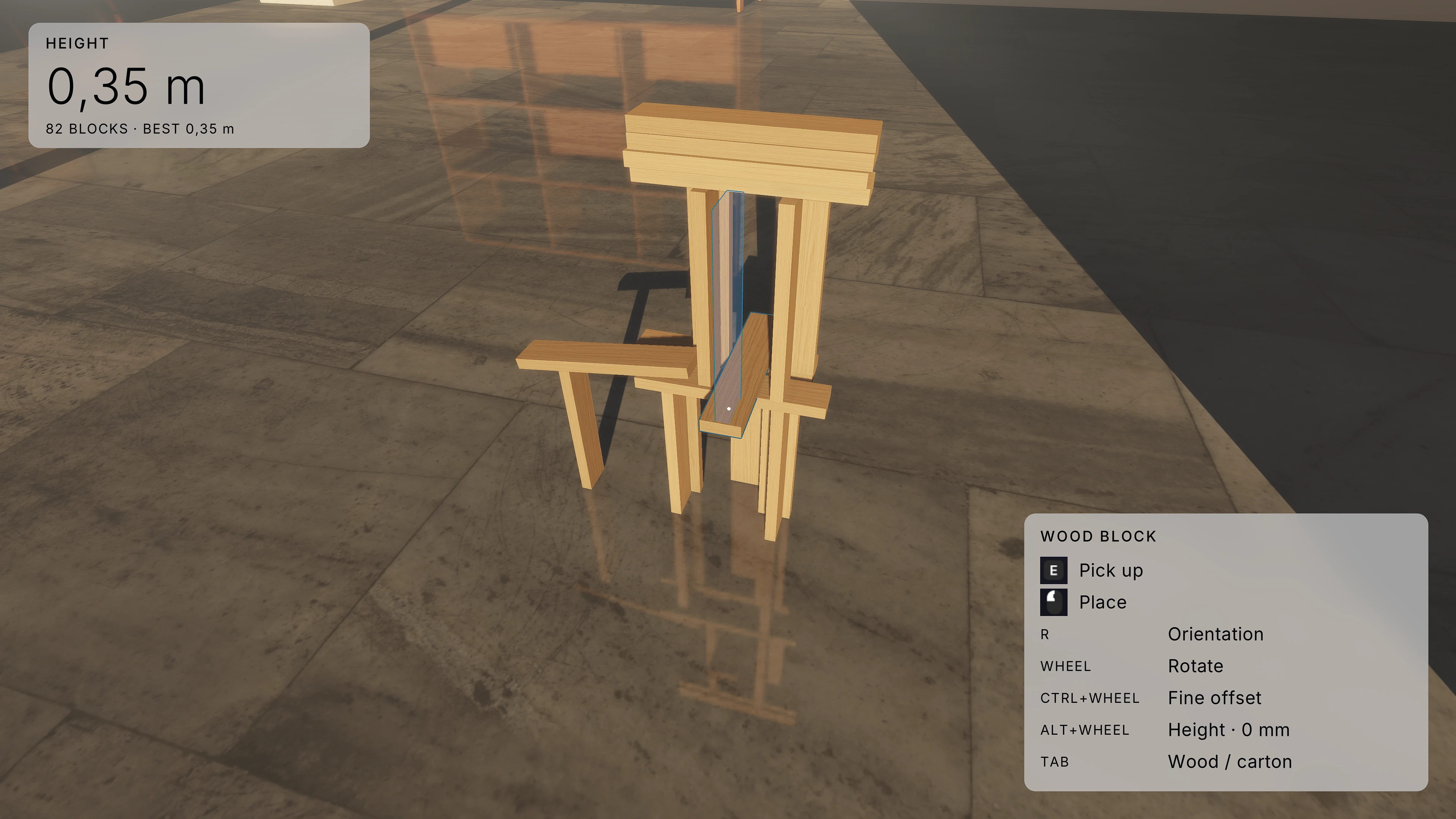 A player-built wooden tower on the reflective stone floor in the sunlit mountain atelier, with gameplay interface visible.
