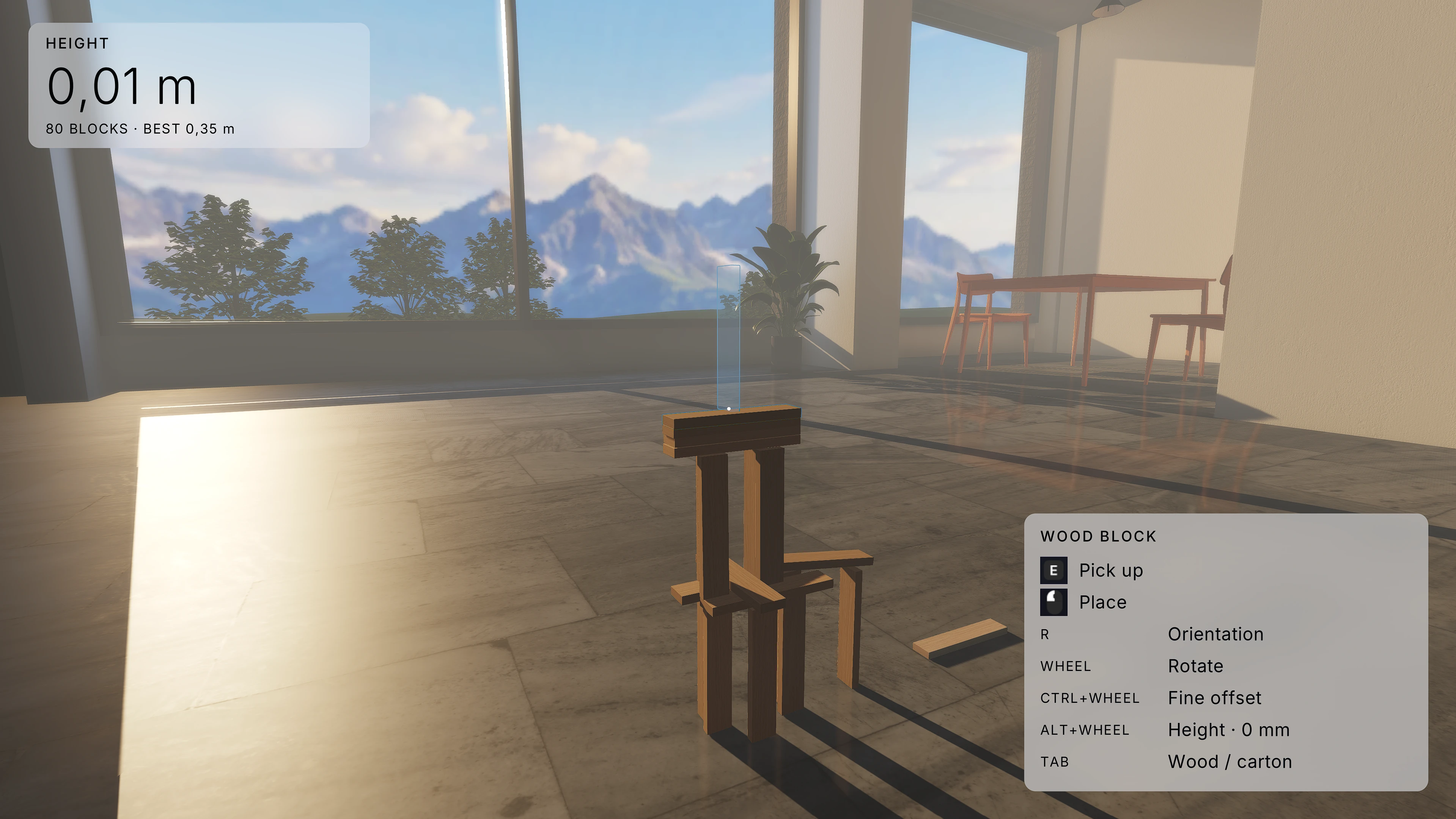 A player-built wooden tower on the reflective stone floor in the sunlit mountain atelier, with gameplay interface visible.