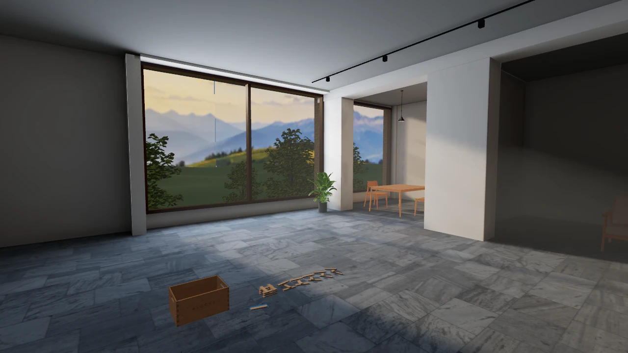 Latest Windows atelier with calm mineral plaster, nearby trees, indirect light and a wooden crate.