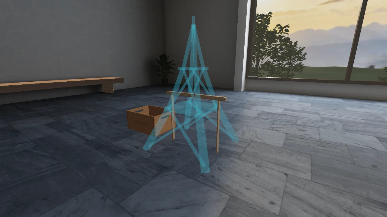 Cyan Eiffel Tower building guide and freely placed wooden pieces in the atelier.